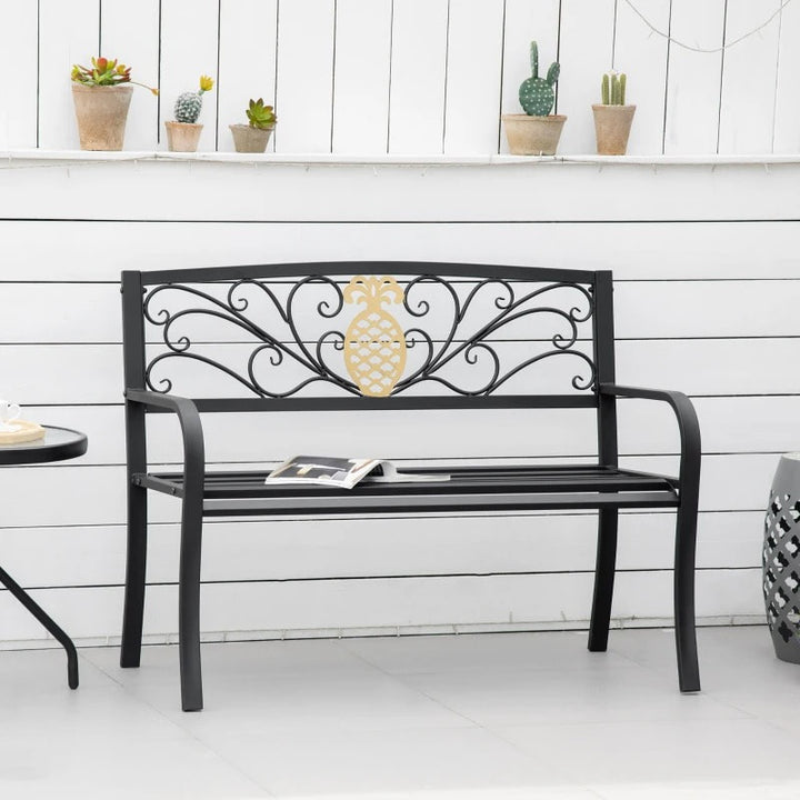 NEW 2-Seater Steel Metal Garden Park Bench Loveseat w Gold Accent, Outdoor Patio Deck Porch - Black