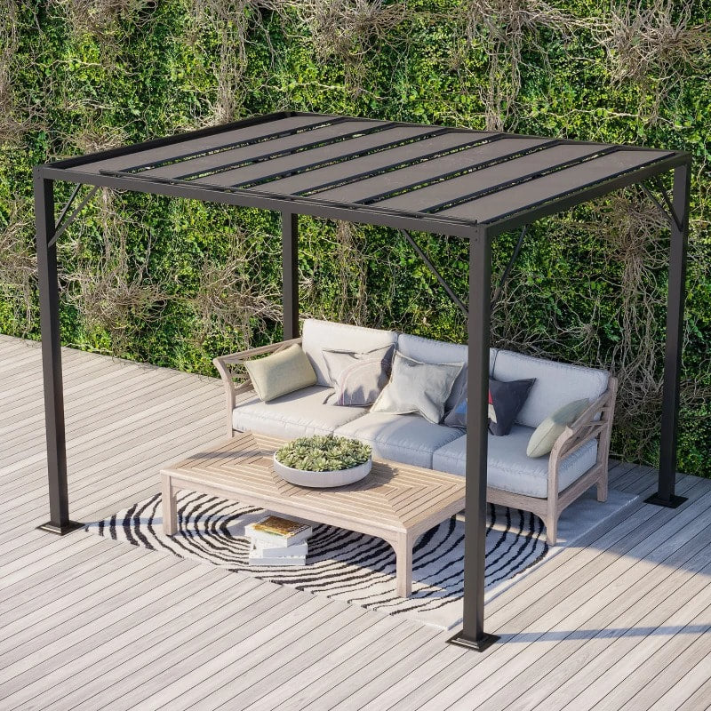 9.5' x 8' Louvered Aluminum Steel Patio Pergola Gazebo Canopy, Adjustable Mesh Roof, Grey Black