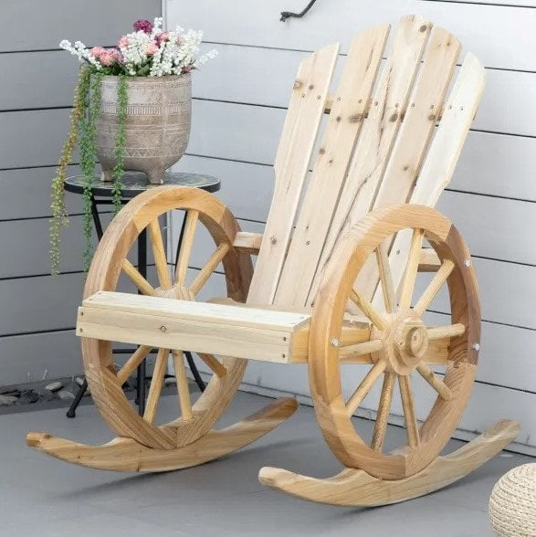 Muskoka Adirondack Rocking Chair w Farmhouse Wagon Wheel for Patio Deck Garden, Natural Wood