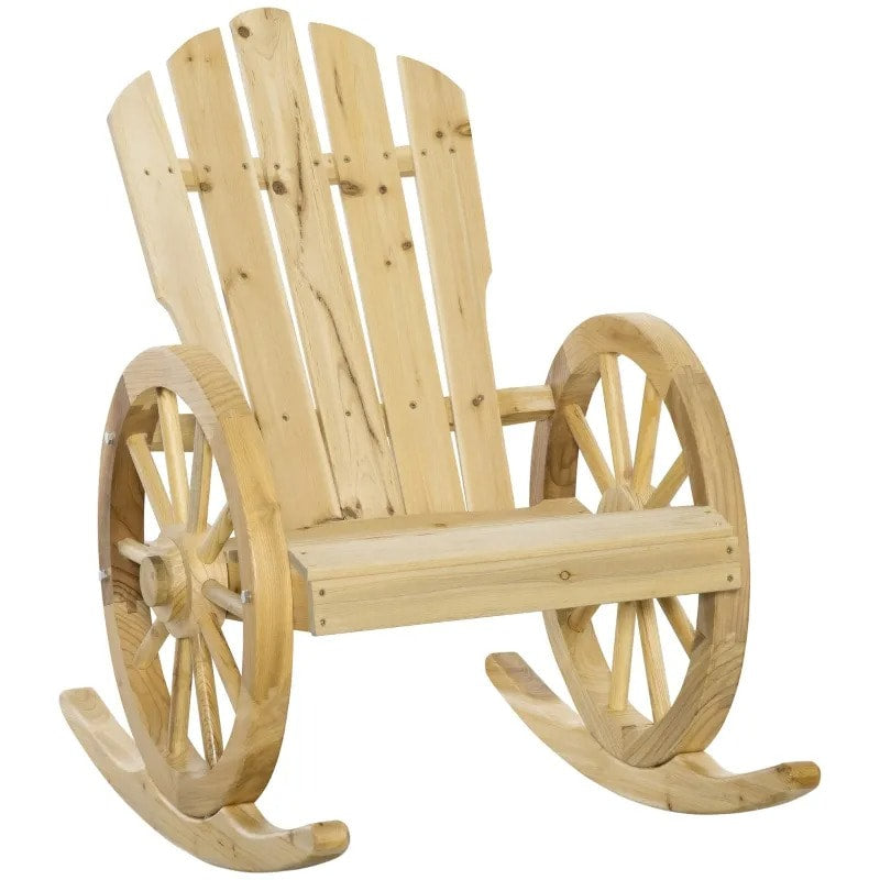 Muskoka Adirondack Rocking Chair w Farmhouse Wagon Wheel for Patio Deck Garden, Natural Wood