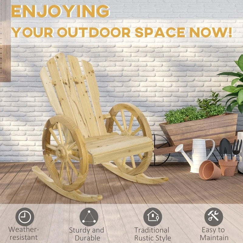 Muskoka Adirondack Rocking Chair w Farmhouse Wagon Wheel for Patio Deck Garden, Natural Wood