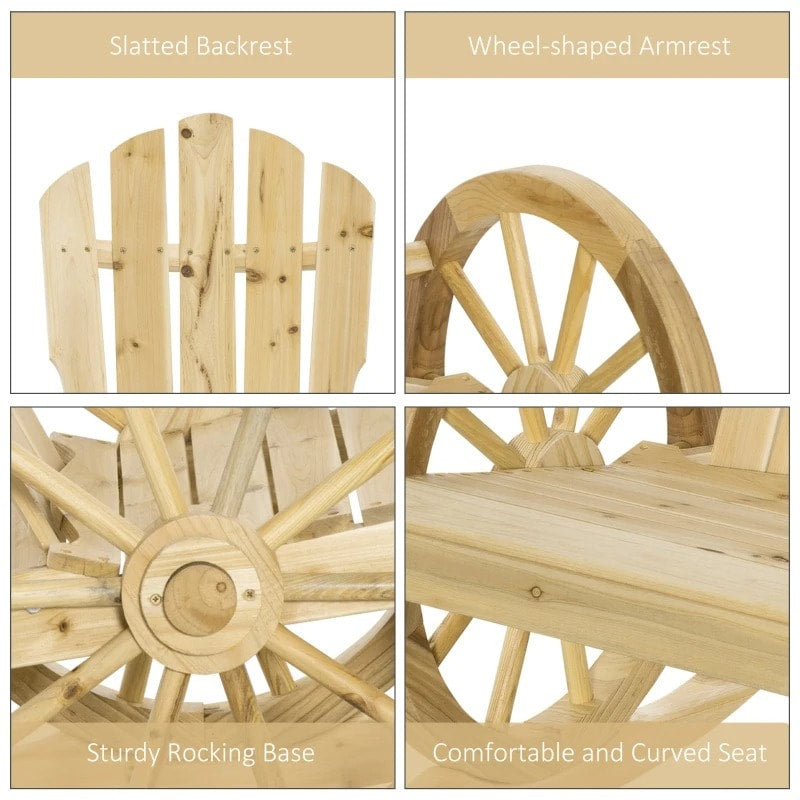 Muskoka Adirondack Rocking Chair w Farmhouse Wagon Wheel for Patio Deck Garden, Natural Wood
