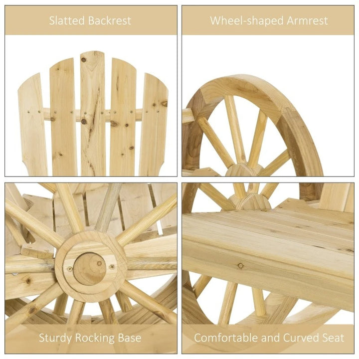 Muskoka Adirondack Rocking Chair w Farmhouse Wagon Wheel for Patio Deck Garden, Natural Wood