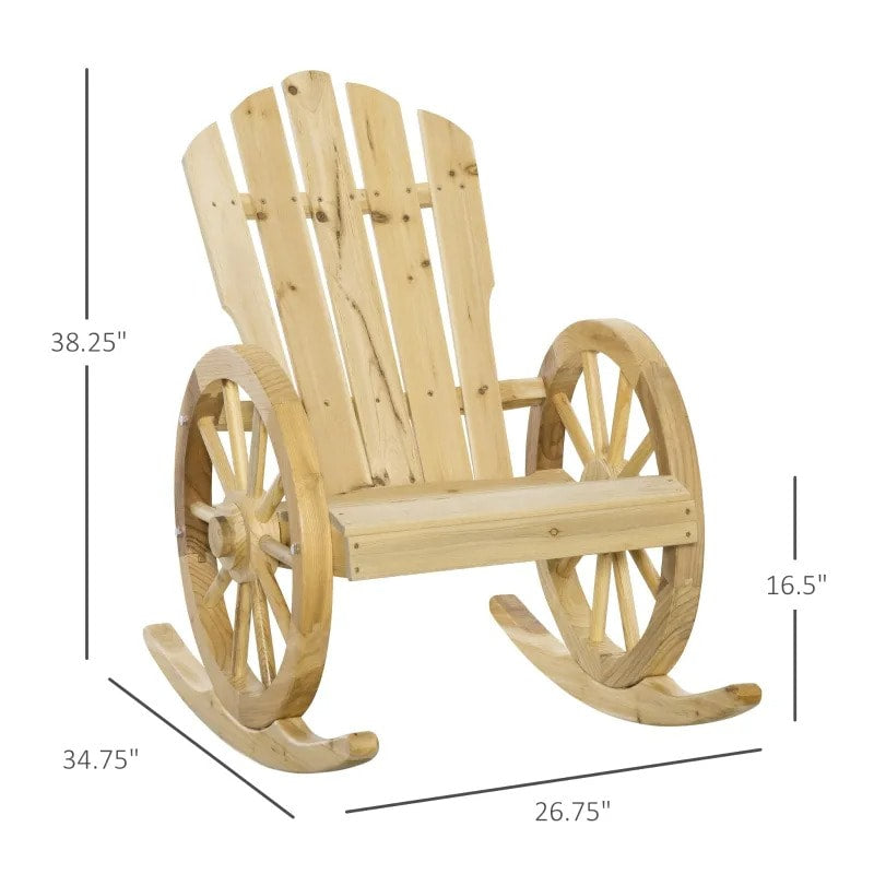 Muskoka Adirondack Rocking Chair w Farmhouse Wagon Wheel for Patio Deck Garden, Natural Wood