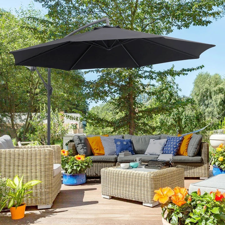 10ft Round Rotating Offset Hanging Banana Parasol Patio Umbrella w T Cross Base Stand, Black