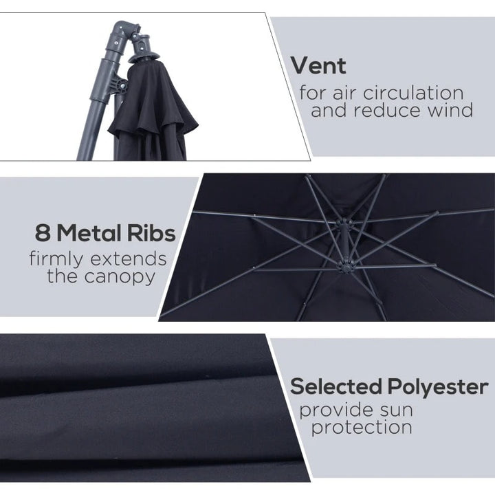 10ft Round Rotating Offset Hanging Banana Parasol Patio Umbrella w T Cross Base Stand, Black