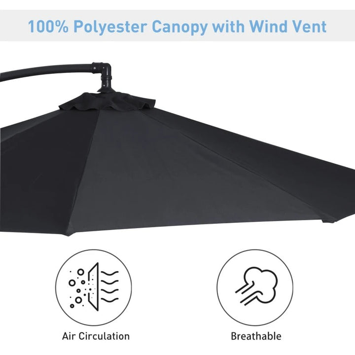 10ft Round Rotating Offset Hanging Banana Parasol Patio Umbrella w T Cross Base Stand, Black