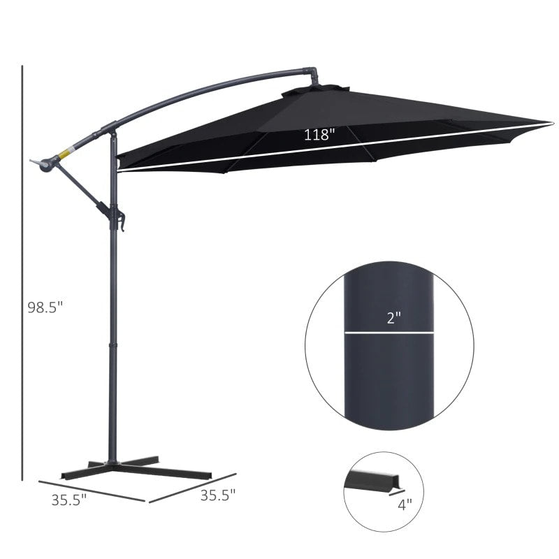 10ft Round Rotating Offset Hanging Banana Parasol Patio Umbrella w T Cross Base Stand, Black