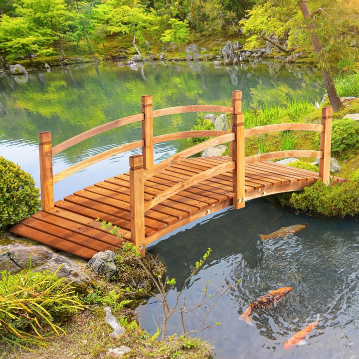 6ft Stained Fir Wood Garden Bridge Arc Walkway w Wood Guard Rails for Yard Stream Pond, Brown