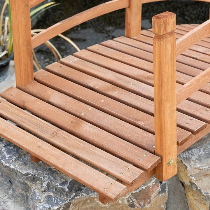 6ft Stained Fir Wood Garden Bridge Arc Walkway w Wood Guard Rails for Yard Stream Pond, Brown