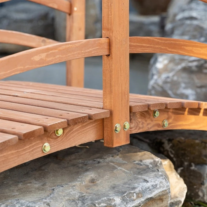 6ft Stained Fir Wood Garden Bridge Arc Walkway w Wood Guard Rails for Yard Stream Pond, Brown