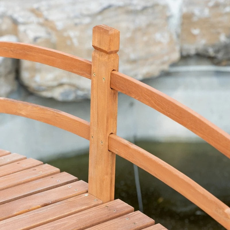 6ft Stained Fir Wood Garden Bridge Arc Walkway w Wood Guard Rails for Yard Stream Pond, Brown