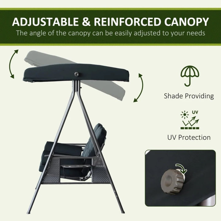 Heavy Duty Outdoor 3 Seater Porch Swing Bench Seat w Canopy & Cushions for Patio Deck - Black