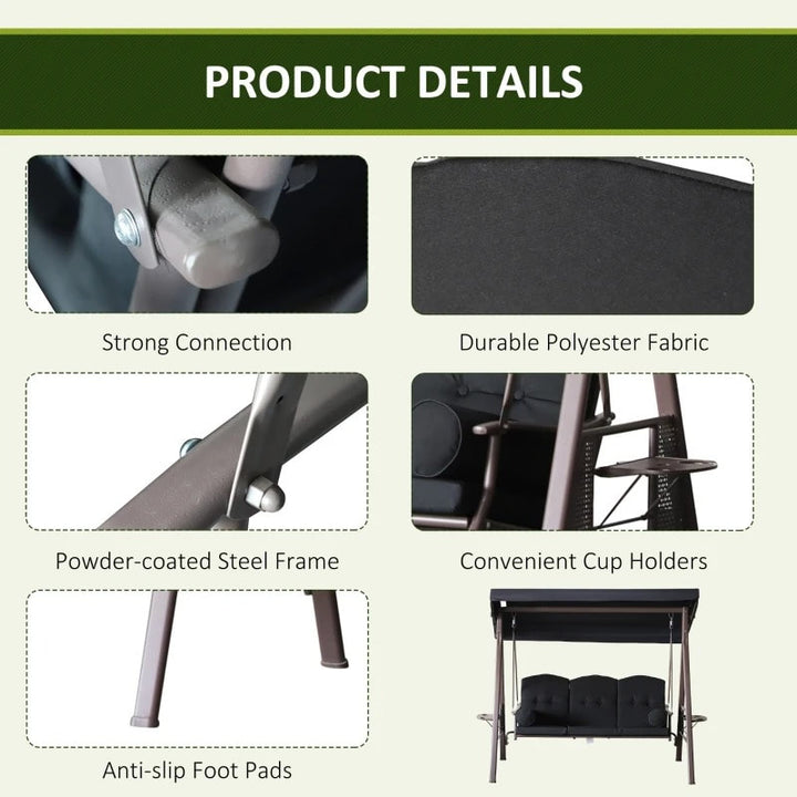 Heavy Duty Outdoor 3 Seater Porch Swing Bench Seat w Canopy & Cushions for Patio Deck - Black