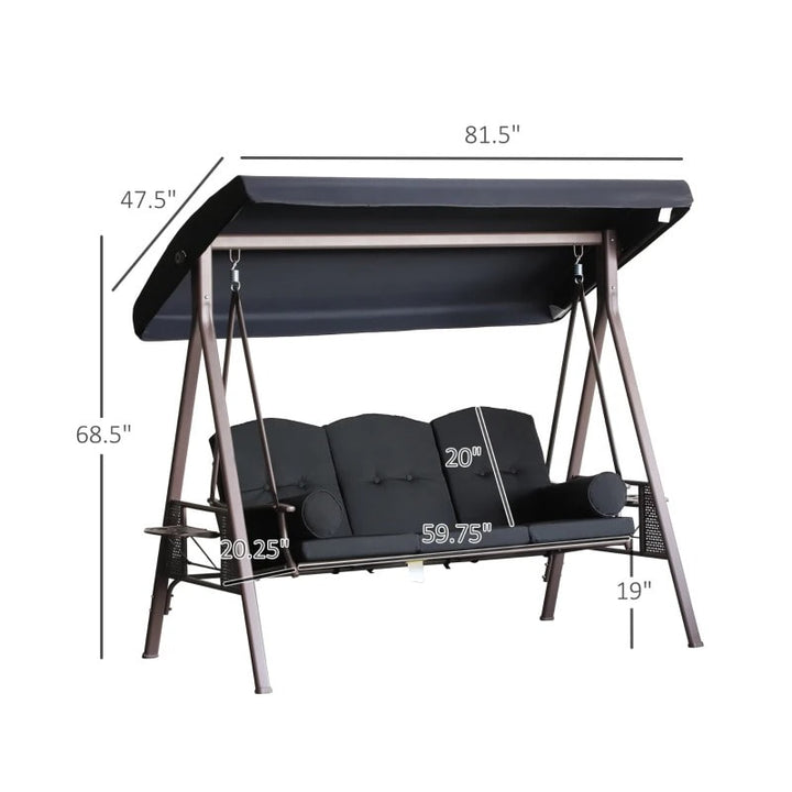 Heavy Duty Outdoor 3 Seater Porch Swing Bench Seat w Canopy & Cushions for Patio Deck - Black
