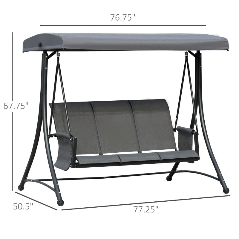 Heavy Duty 3-Seater Mesh Swing Lounger w High Back, Canopy for Outdoor Patio Deck Garden, Grey
