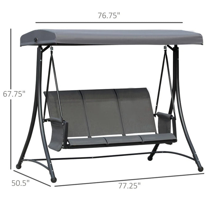 Heavy Duty 3-Seater Mesh Swing Lounger w High Back, Canopy for Outdoor Patio Deck Garden, Grey