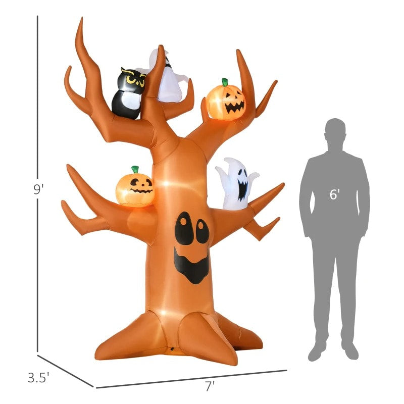 9ft Halloween Blow Up Inflatable, LED Lights Indoor Outdoor, Haunted Tree w Ghosts Owl Pumpkins