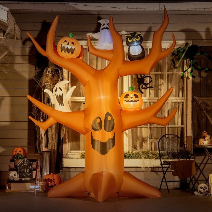 9ft Halloween Blow Up Inflatable, LED Lights Indoor Outdoor, Haunted Tree w Ghosts Owl Pumpkins