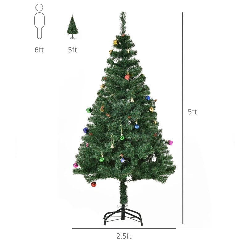 5ft 420-Tip Artificial Christmas Holiday Tree w Ornaments, Metal Base Xmas Decor – Green