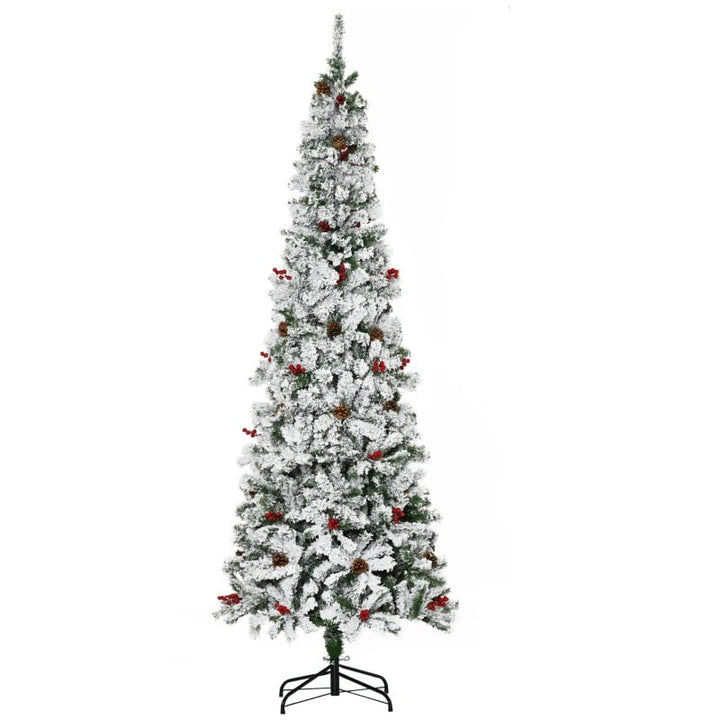 7.5ft 950-Tip Snow Flocked Pencil Artificial Christmas Holiday Tree w Pine Cones, Berries, Green