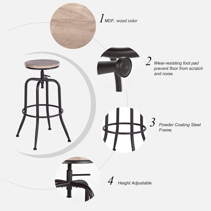 2pc Farmhouse Metal Swivel Adjustable Counter Height Bar Stool Dining Chair, Beech Oak Wood Seat