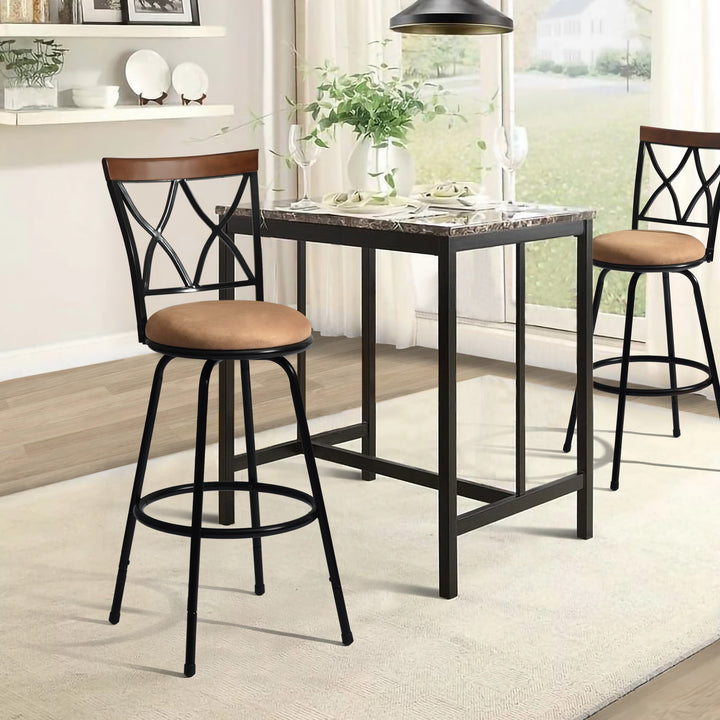 2pc Modern Metal Swivel Adjustable Counter Bar Stool Dining Chair w Faux Suede Cushion, Brown