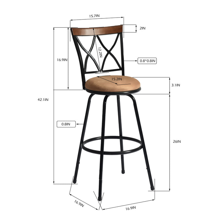 2pc Modern Metal Swivel Adjustable Counter Bar Stool Dining Chair w Faux Suede Cushion, Brown