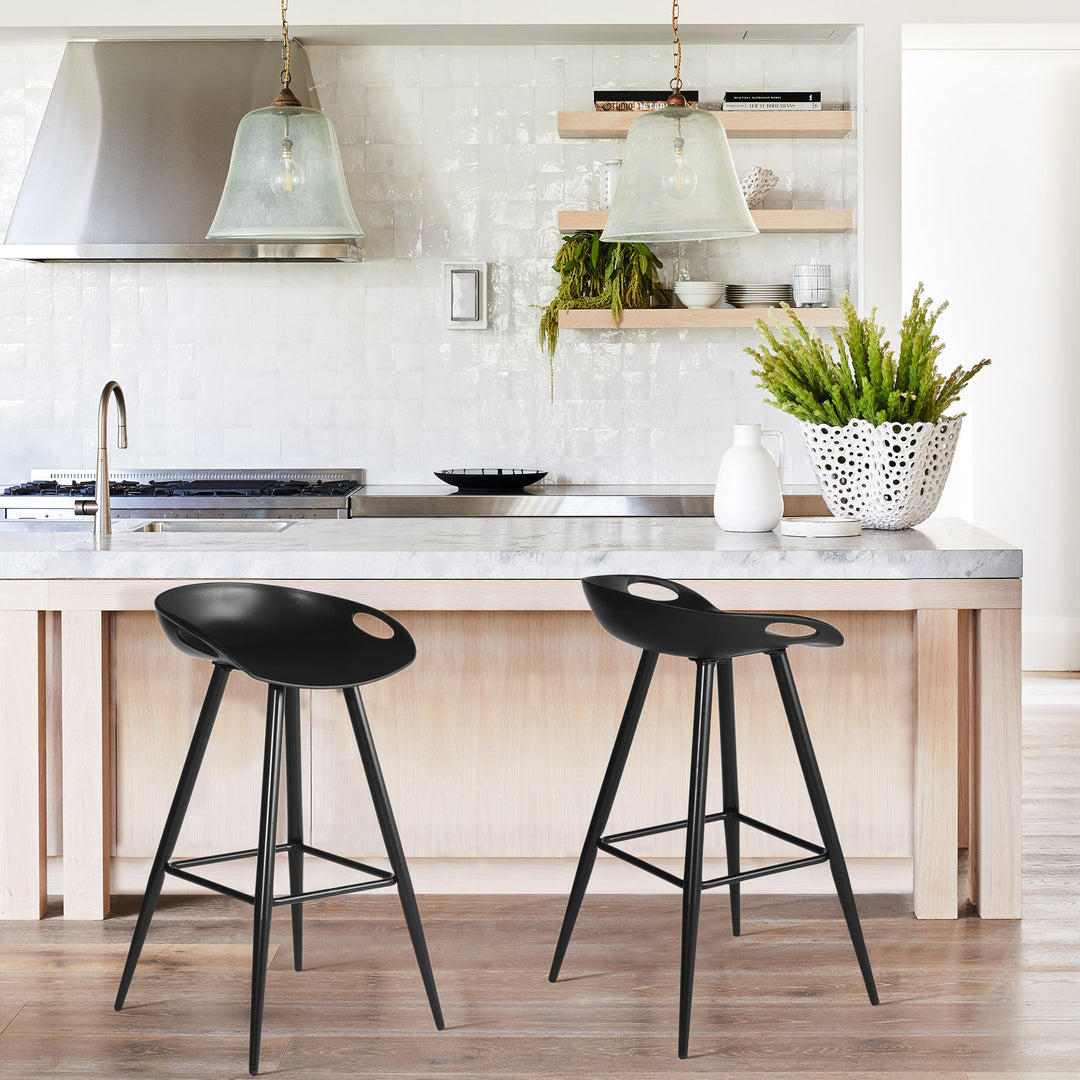 2pc 27.6” High Modern Minimalist Counter Bar Stool Dining Chair w Plastic Low-Back Seat, Black
