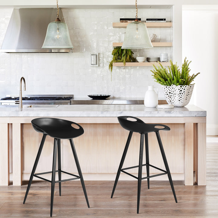 2pc 27.6” High Modern Minimalist Counter Bar Stool Dining Chair w Plastic Low-Back Seat, Black
