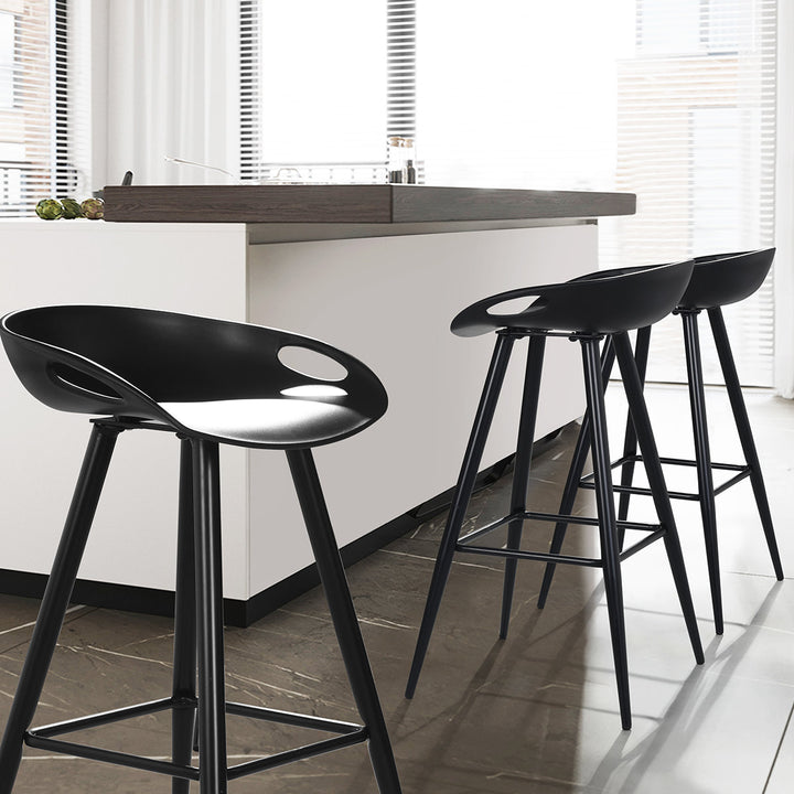 2pc 27.6” High Modern Minimalist Counter Bar Stool Dining Chair w Plastic Low-Back Seat, Black