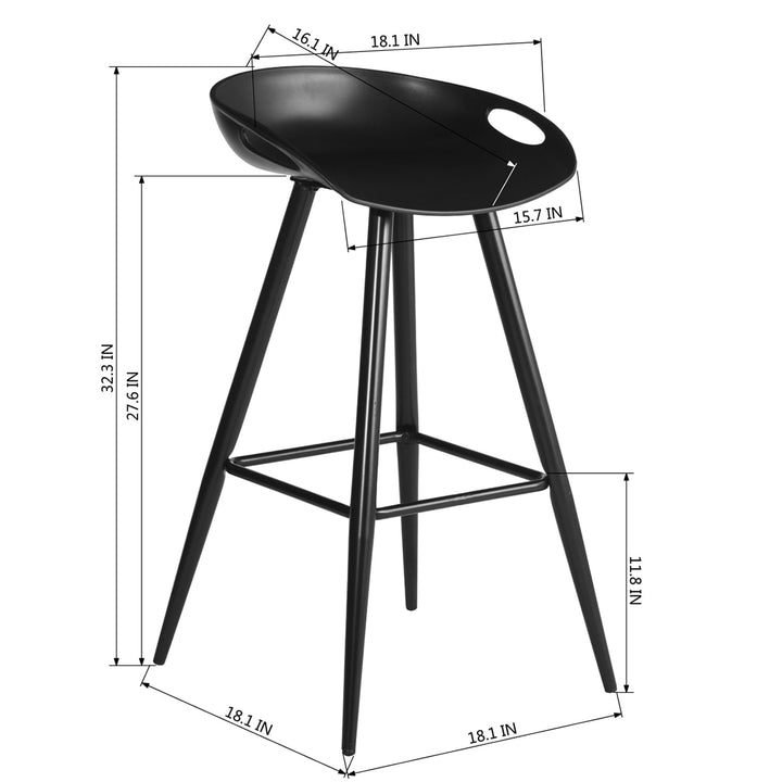 2pc 27.6” High Modern Minimalist Counter Bar Stool Dining Chair w Plastic Low-Back Seat, Black