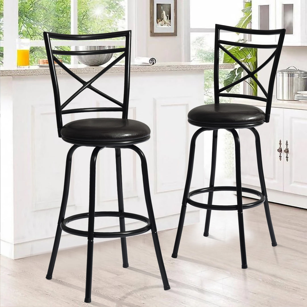 2pc Modern Metal Swivel Adjustable Counter Bar Stool Dining Chair w Faux Suede Cushion, Black