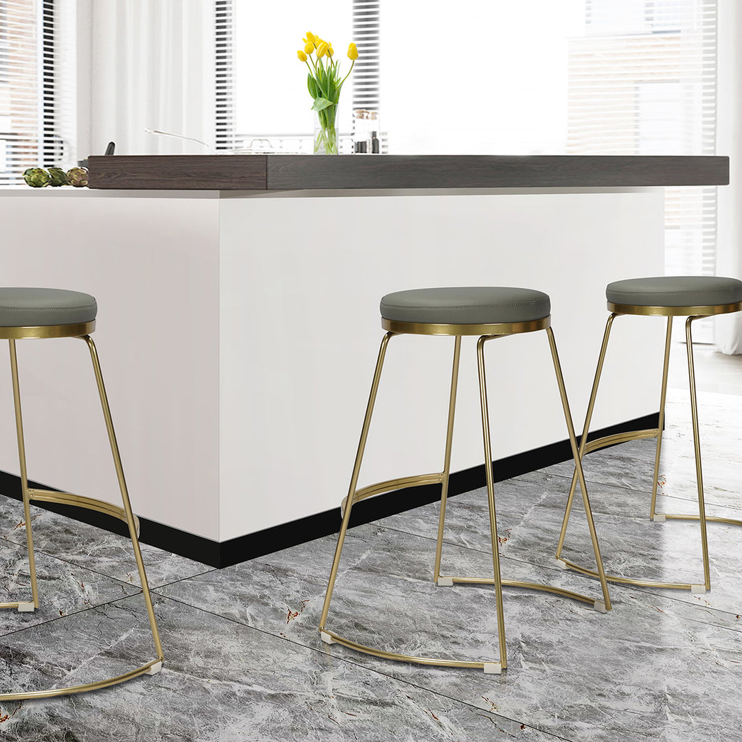 Elegant Counter Bar Stool Dining Chair w Faux Leather Cushion Seat, Gold Tone Metal Frame, Grey