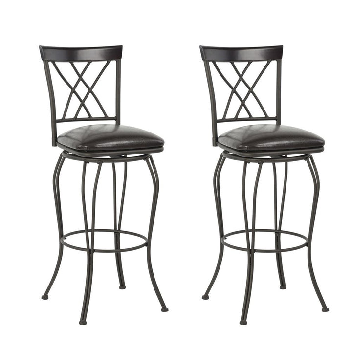 2pc 29” High Classic Metal Swivel Counter Bar Stool Dining Chair w Faux Leather Cushion, Black