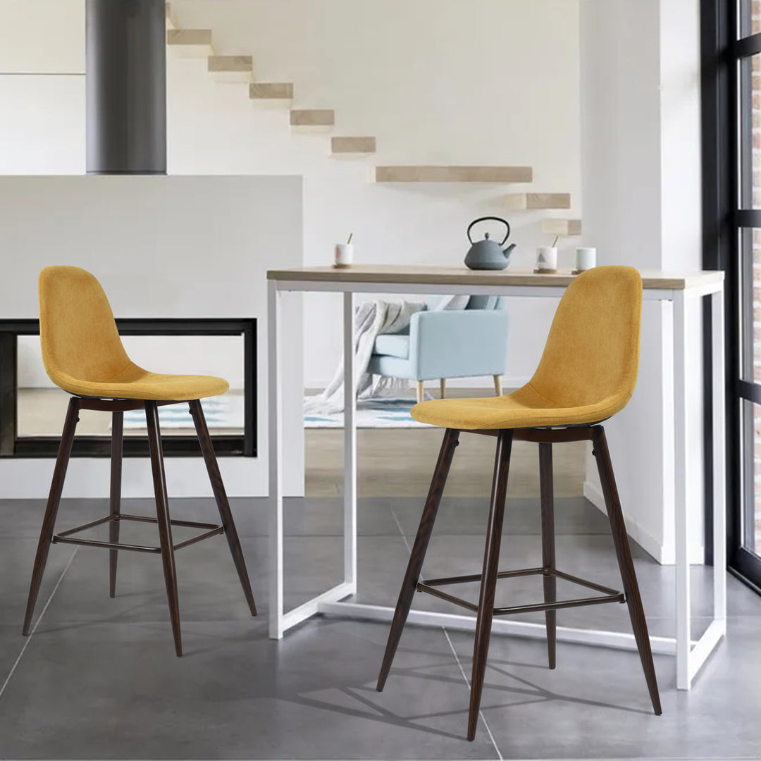 2pc Modern Chic Counter Bar Stool Kitchen Dining Chair w Soft Fabric Padded Seat & Back, Yellow