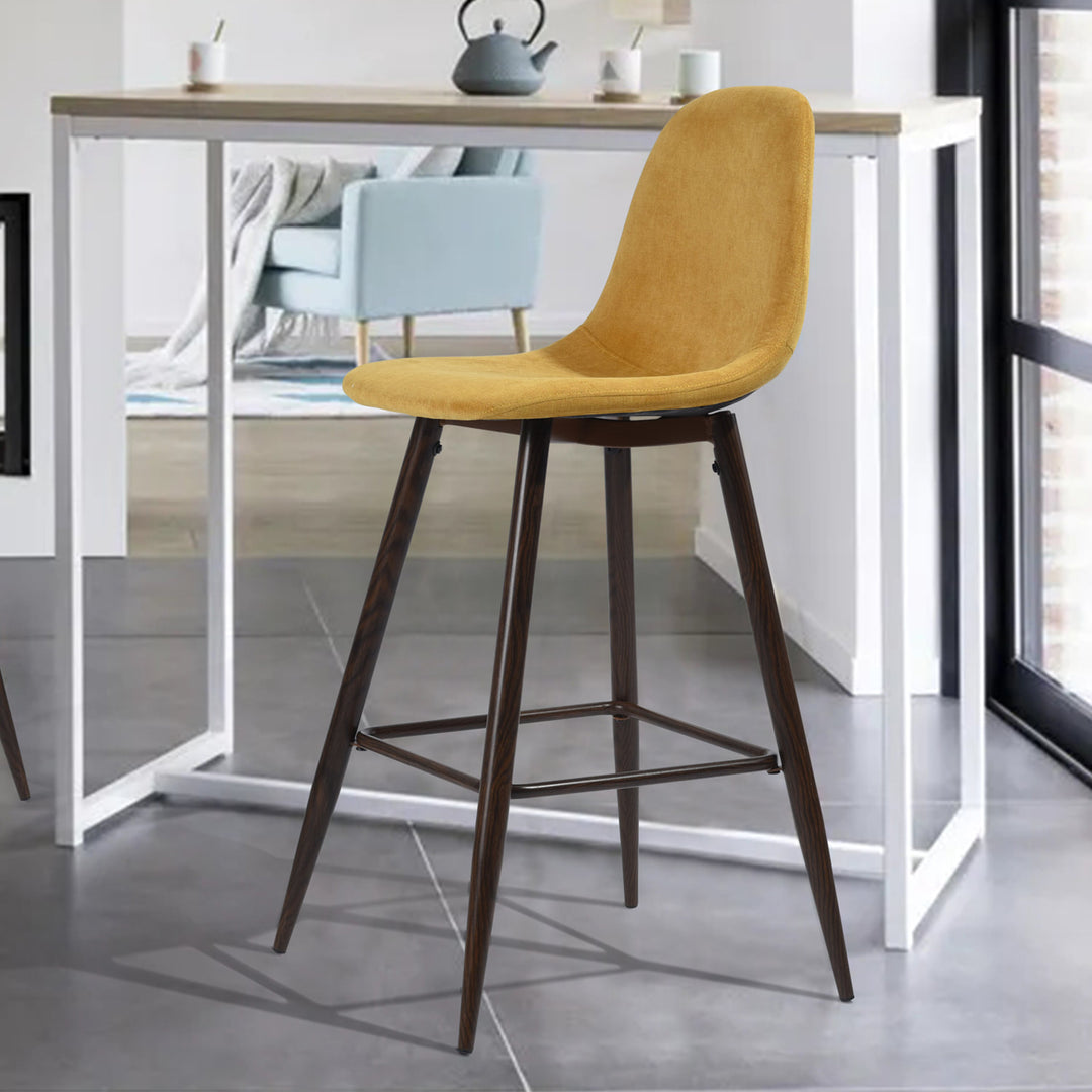 2pc Modern Chic Counter Bar Stool Kitchen Dining Chair w Soft Fabric Padded Seat & Back, Yellow
