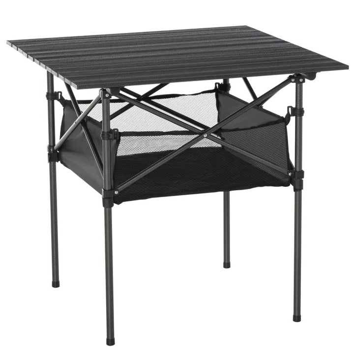 27" Square Aluminum Roll Up Camping Picnic Patio Table w Storage, Carry Bag, Steel Frame, Black