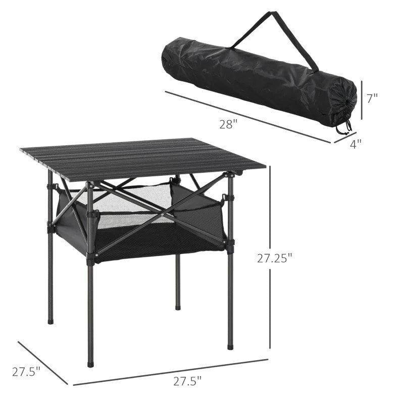 27" Square Aluminum Roll Up Camping Picnic Patio Table w Storage, Carry Bag, Steel Frame, Black