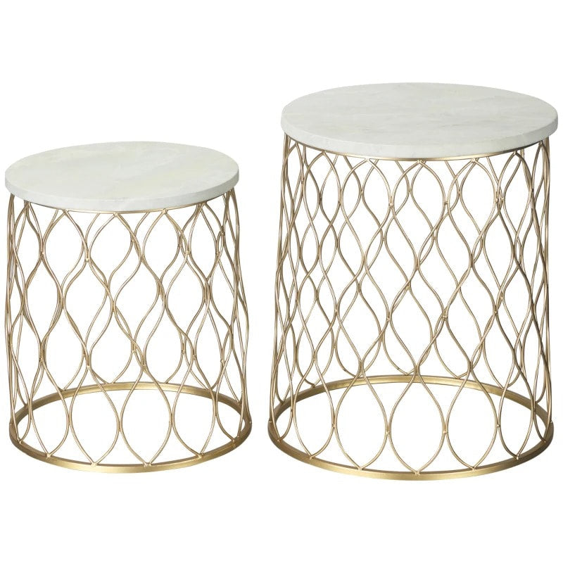 2pc Round Nesting End Side Coffee Table Set, Indoor Outdoor Patio Deck, Faux Marble, Gold Metal