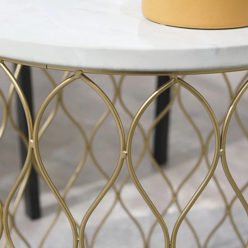 2pc Round Nesting End Side Coffee Table Set, Indoor Outdoor Patio Deck, Faux Marble, Gold Metal