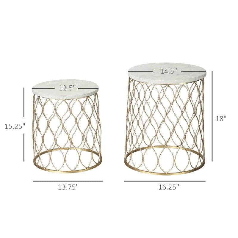 2pc Round Nesting End Side Coffee Table Set, Indoor Outdoor Patio Deck, Faux Marble, Gold Metal