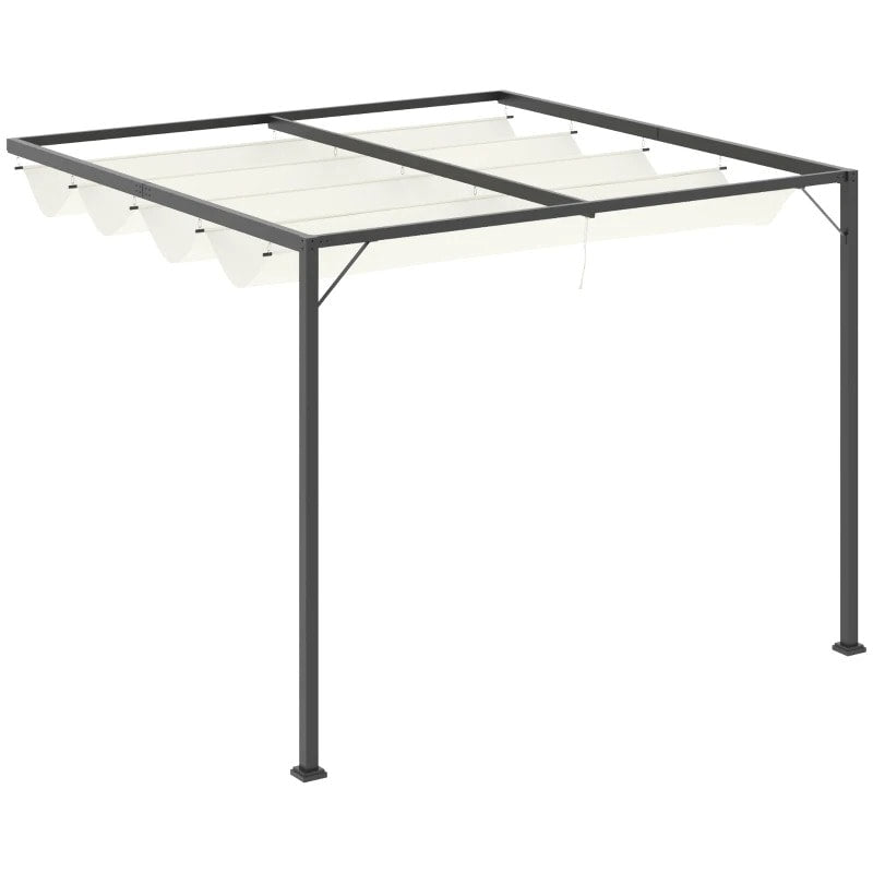 10' x 10' Lean-To Metal Pergola Gazebo Canopy w Retractable Fabric Roof, Dk Grey, Cream White