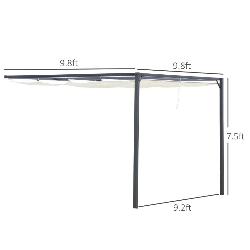 10' x 10' Lean-To Metal Pergola Gazebo Canopy w Retractable Fabric Roof, Dk Grey, Cream White