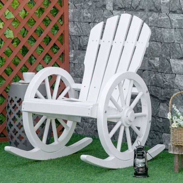 Muskoka Adirondack Rocking Chair w Farmhouse Wagon Wheel for Patio Deck Garden, White Wood