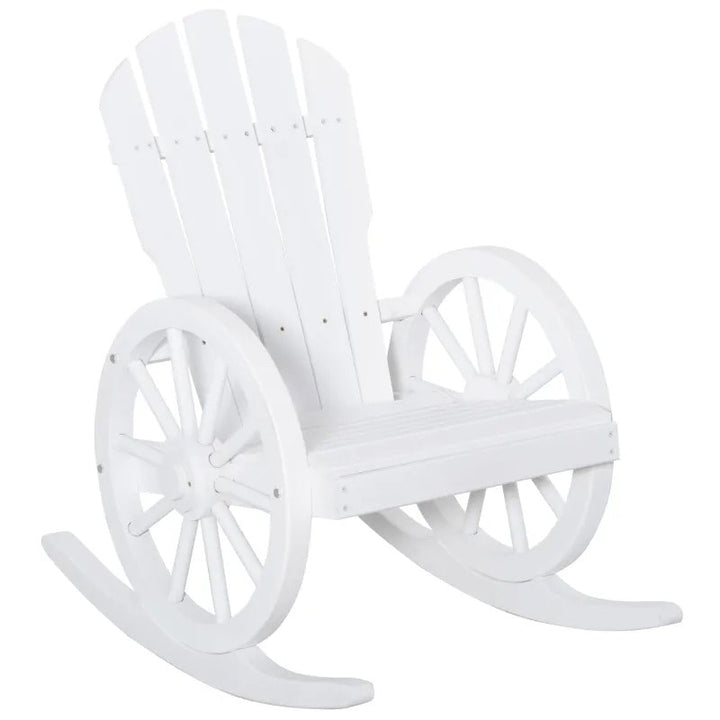 Muskoka Adirondack Rocking Chair w Farmhouse Wagon Wheel for Patio Deck Garden, White Wood