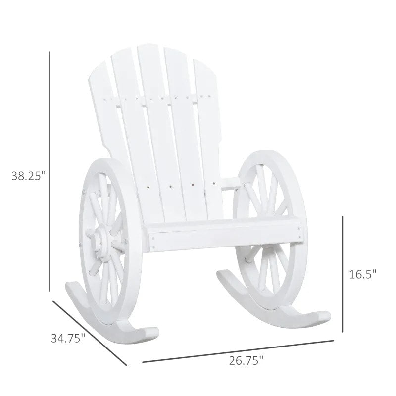Muskoka Adirondack Rocking Chair w Farmhouse Wagon Wheel for Patio Deck Garden, White Wood
