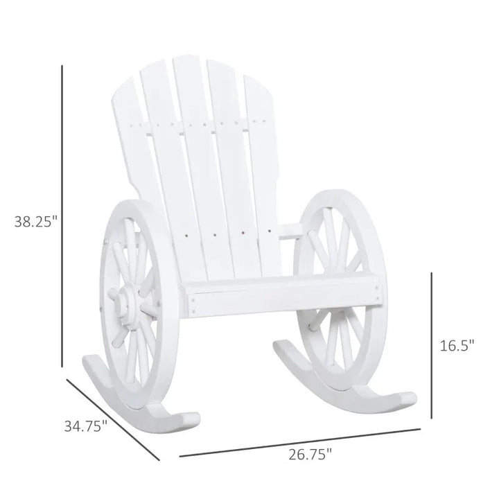 Muskoka Adirondack Rocking Chair w Farmhouse Wagon Wheel for Patio Deck Garden, White Wood