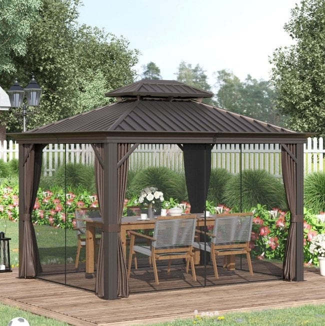 12' x 10' Tiered Galv Steel Hardtop Aluminum Frame Patio Gazebo Shelter w Curtains, Mesh, Brown