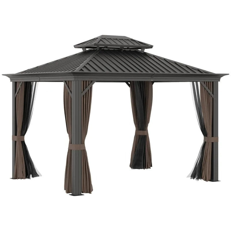 12' x 10' Tiered Galv Steel Hardtop Aluminum Frame Patio Gazebo Shelter w Curtains, Mesh, Brown